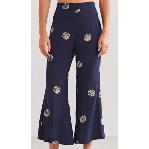 Silence+Noise Womens Navy Blue Dotted Flare Pants Size 0 Boho Cropped Festival - Picture 1 of 8
